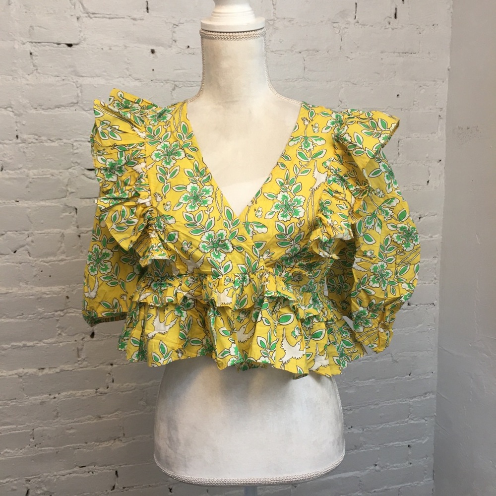 NWT Rhode cropped ruffle top yellow floral size xs